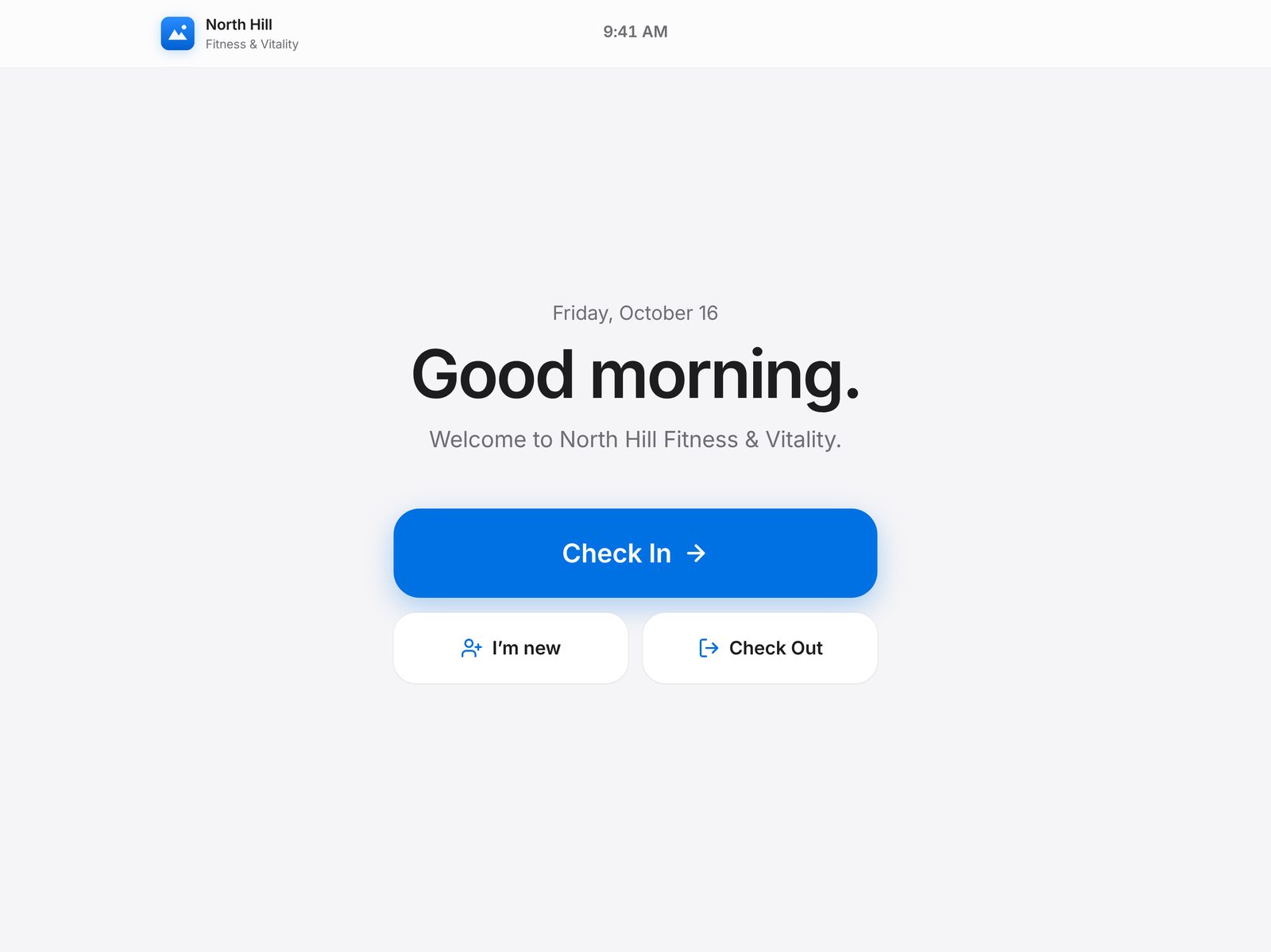 CoreFitness check-in kiosk welcome screen on an iPad