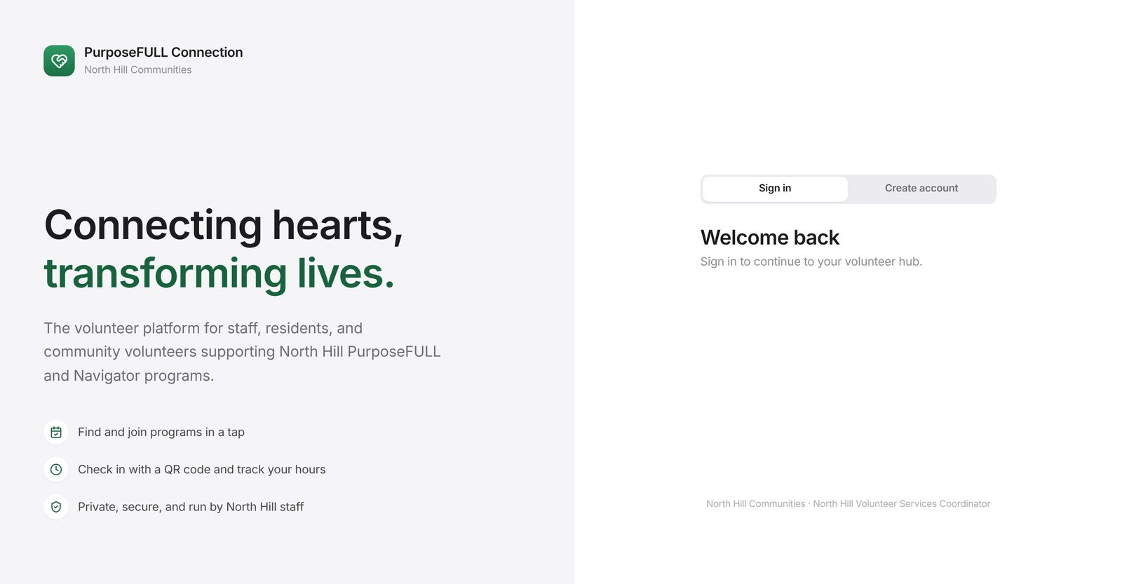 PurposeFull Connection welcome and sign-in screen