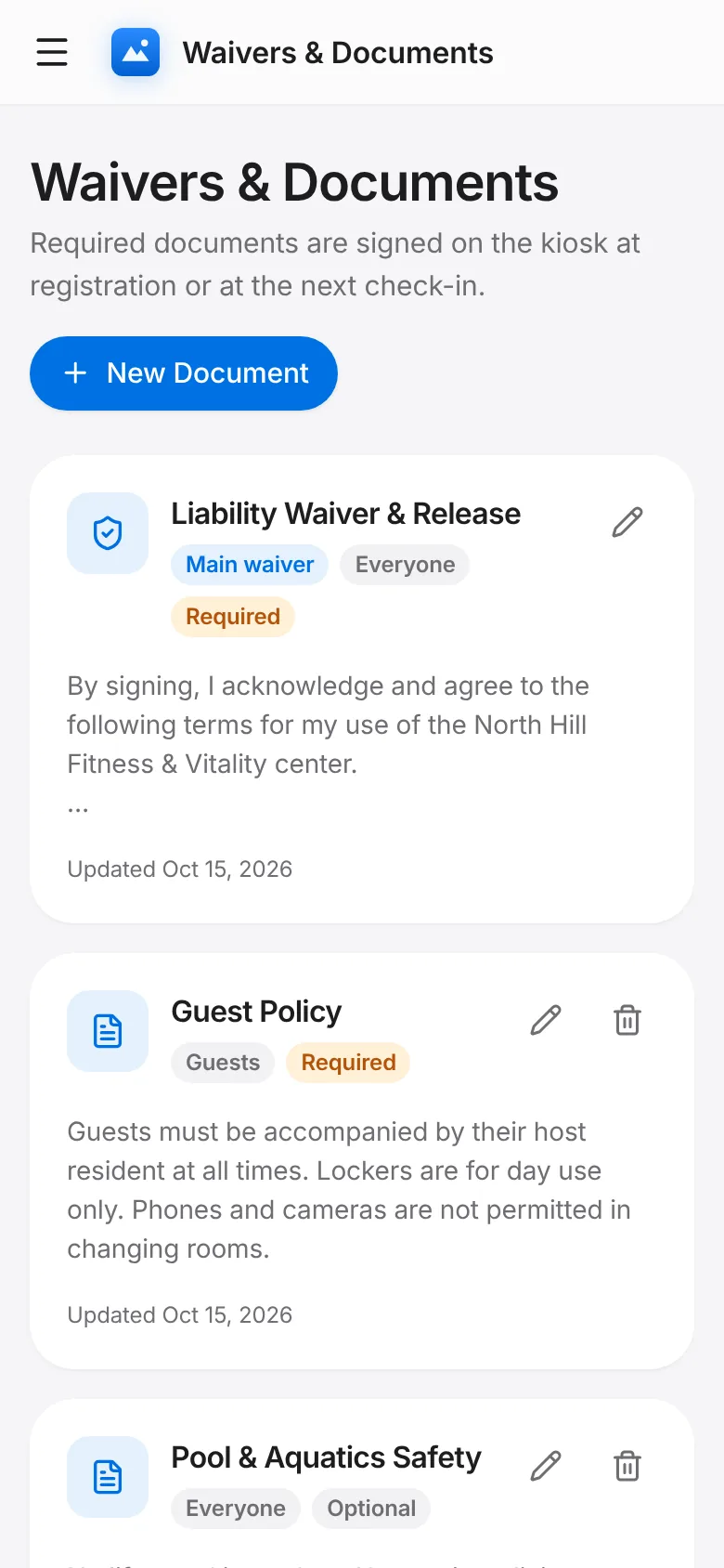 CoreFitness: Waivers & Documents: review the main waiver and add any policy that must be signed.