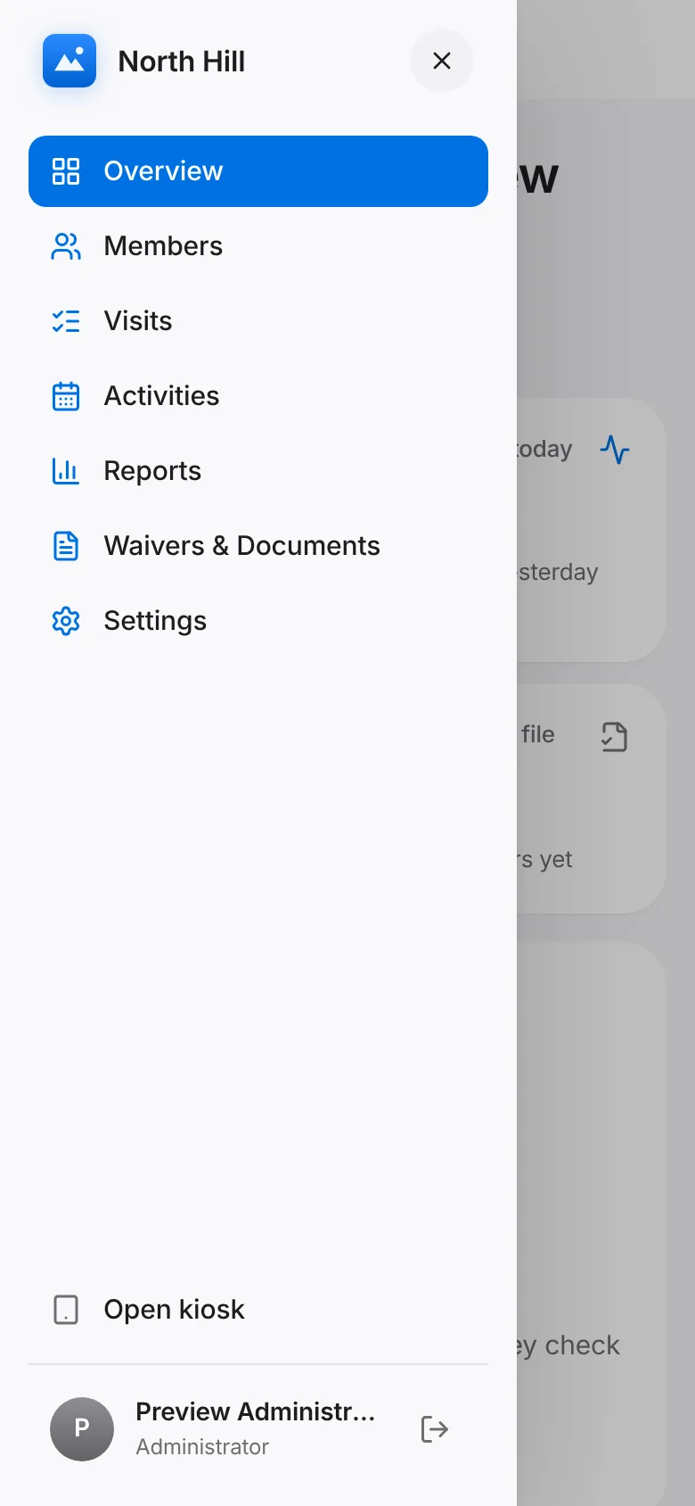 CoreFitness: On a phone, tap the menu button at the top to move between Overview, Members, Visits, Activities, Reports, Documents and Settings. Sign out is at the bottom of the menu.