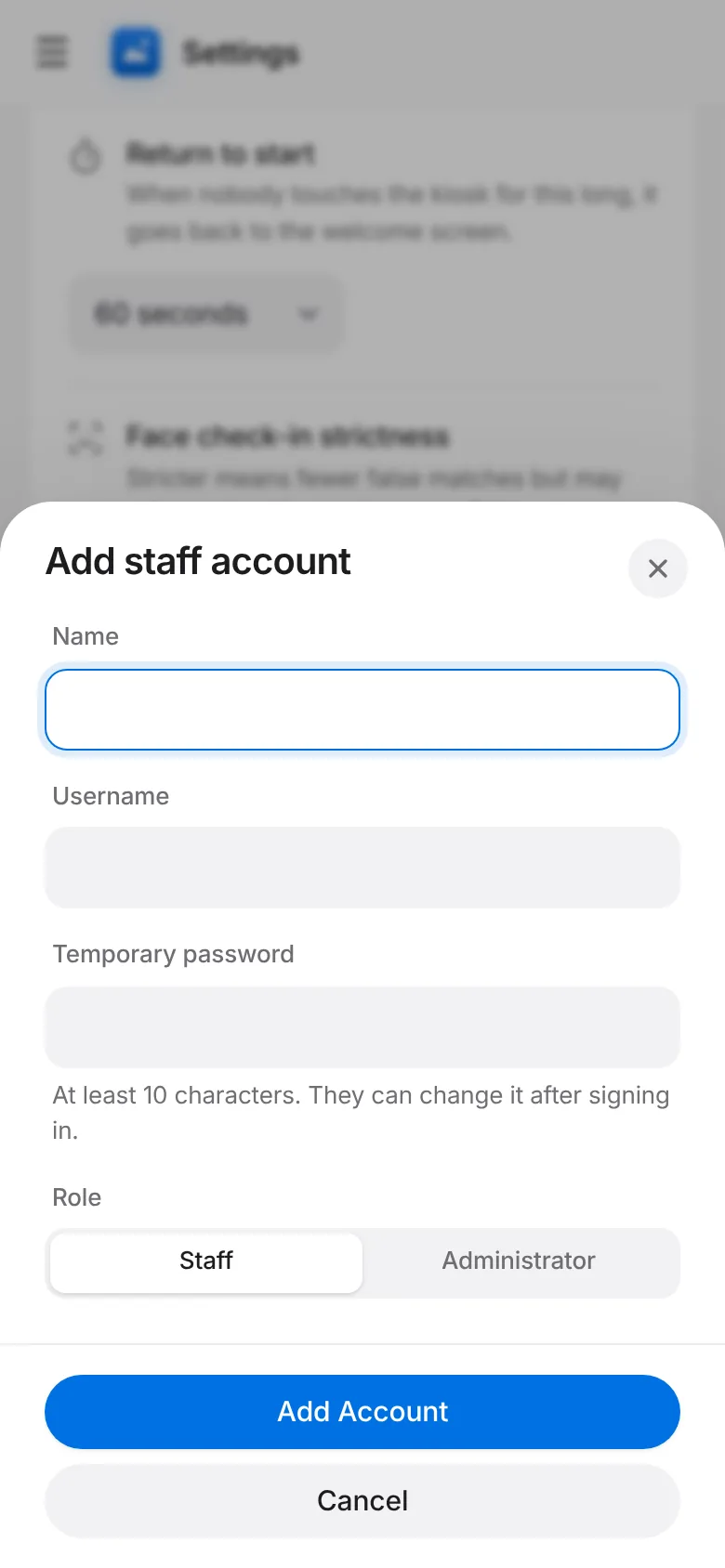 CoreFitness: Settings → Staff accounts: add a login for each staff member.