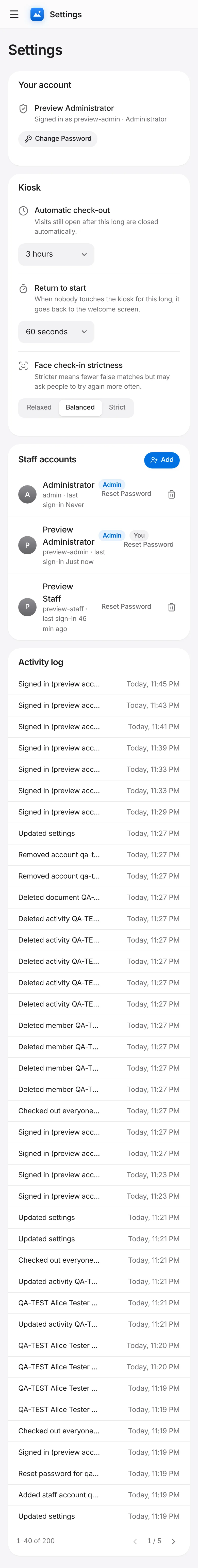 CoreFitness: Tap Settings and scroll to Activity log. Every sign-in, settings change, member edit and check-out-everyone is listed with its time.
