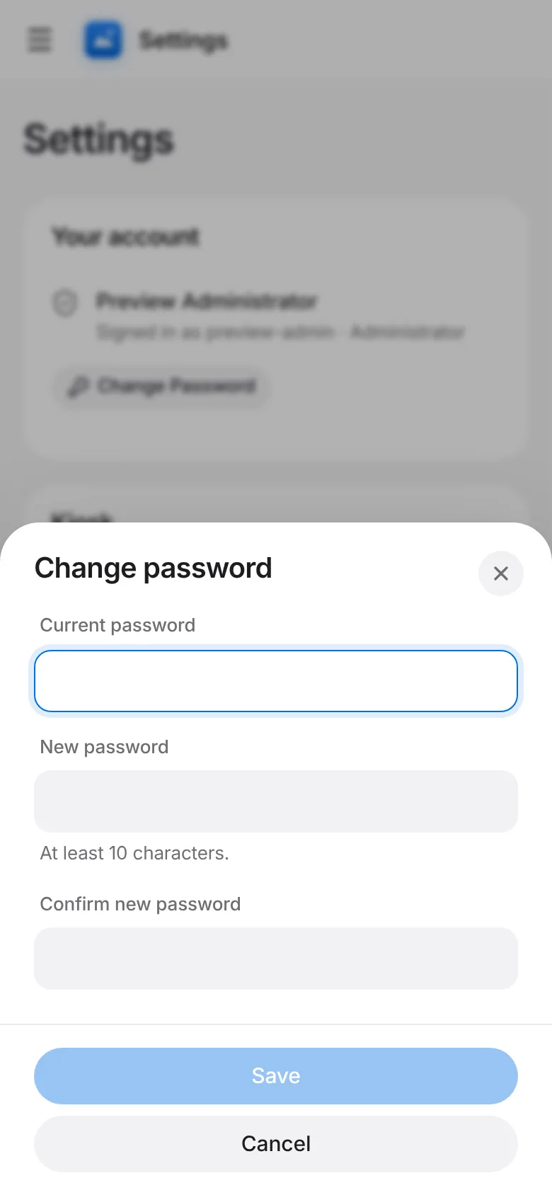 CoreFitness: Enter your current password and the new one twice, then Save.