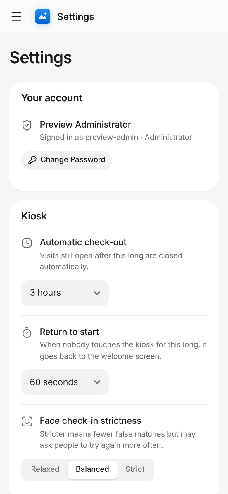 CoreFitness: Settings: set automatic check-out, how long the kiosk waits before returning to the start, and face check-in strictness.