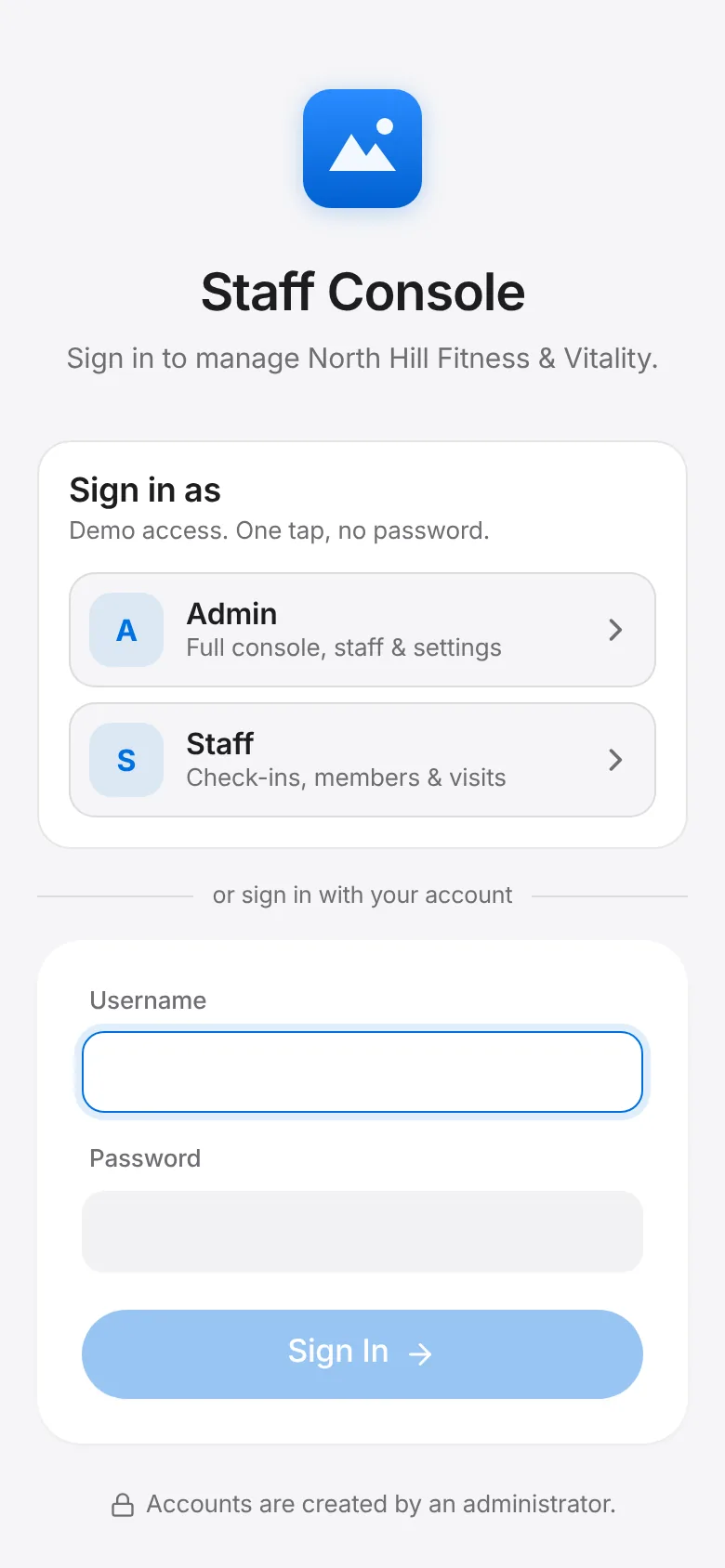 CoreFitness: Sign in to the staff console with your admin account.