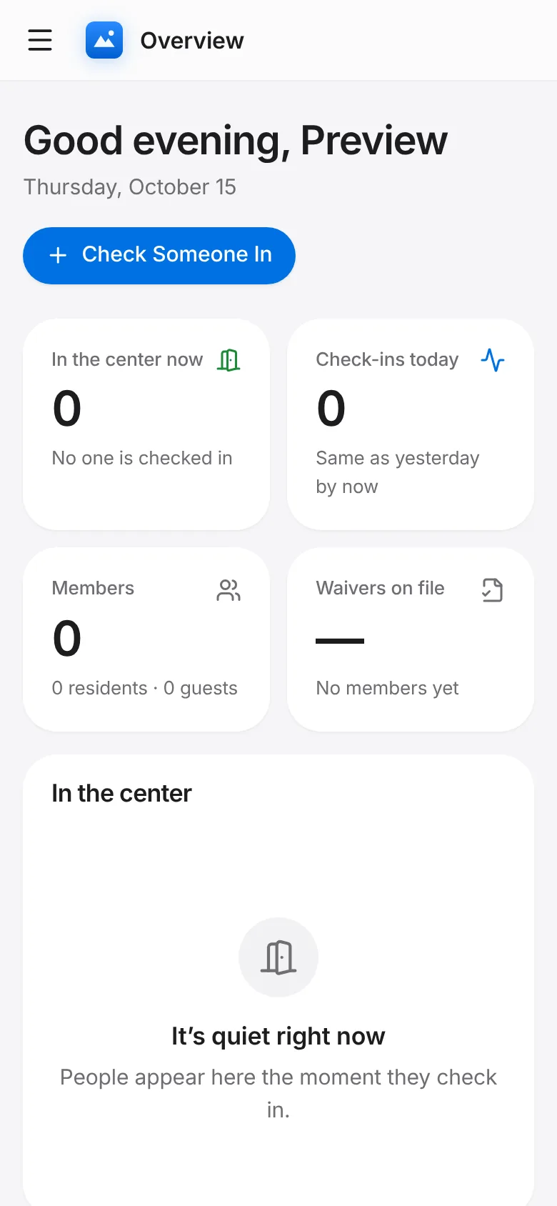 CoreFitness: Overview shows who is in now, today’s check-ins, members without a waiver and the busiest hours.