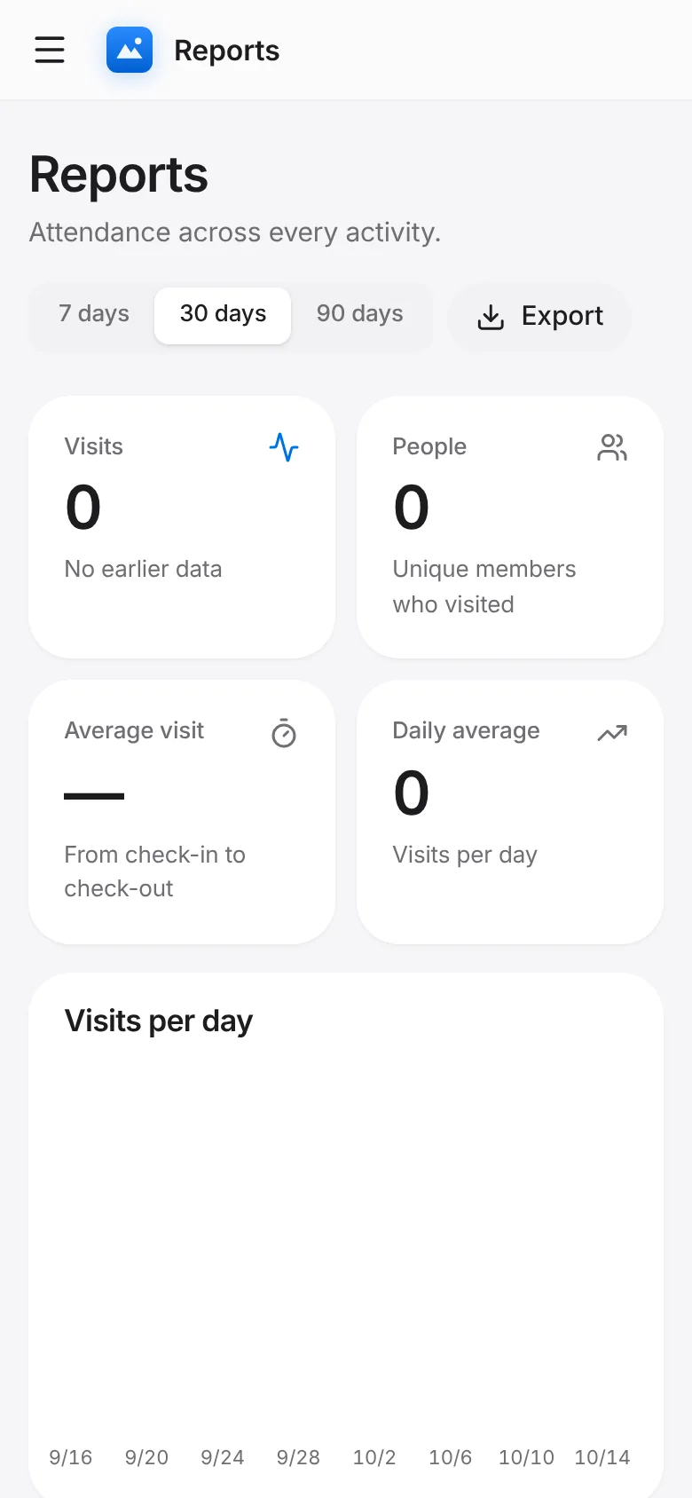 CoreFitness: Reports show attendance over 7, 30 or 90 days and export to CSV.