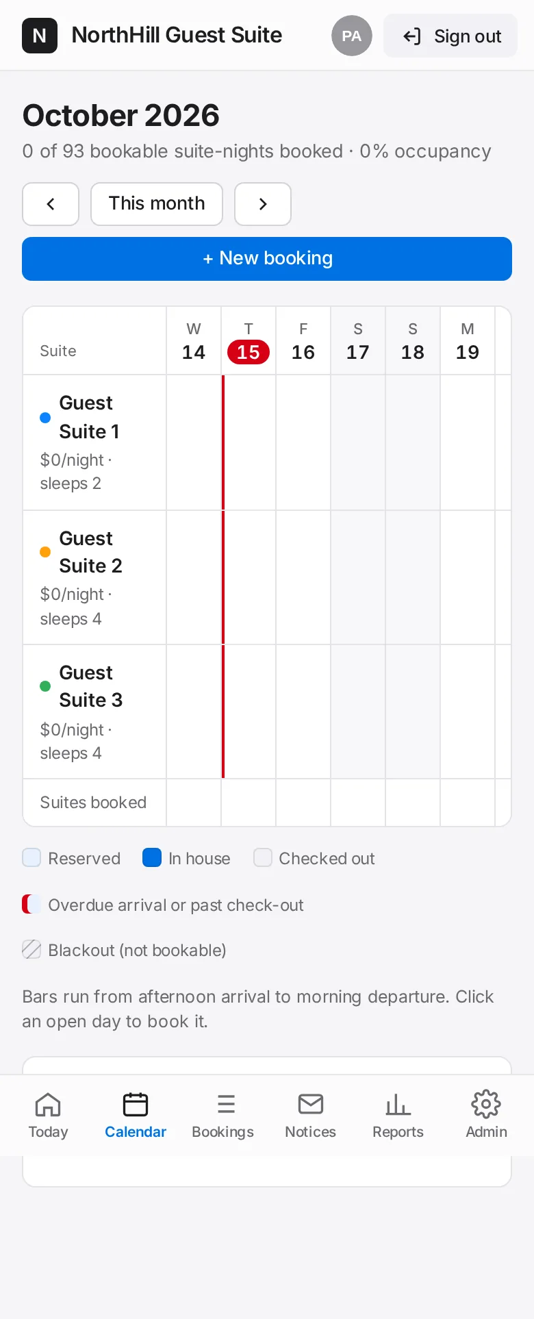 Guest Suite: Use the arrows for other months and This month to come back. Stays this month lists everything in the month below the grid.