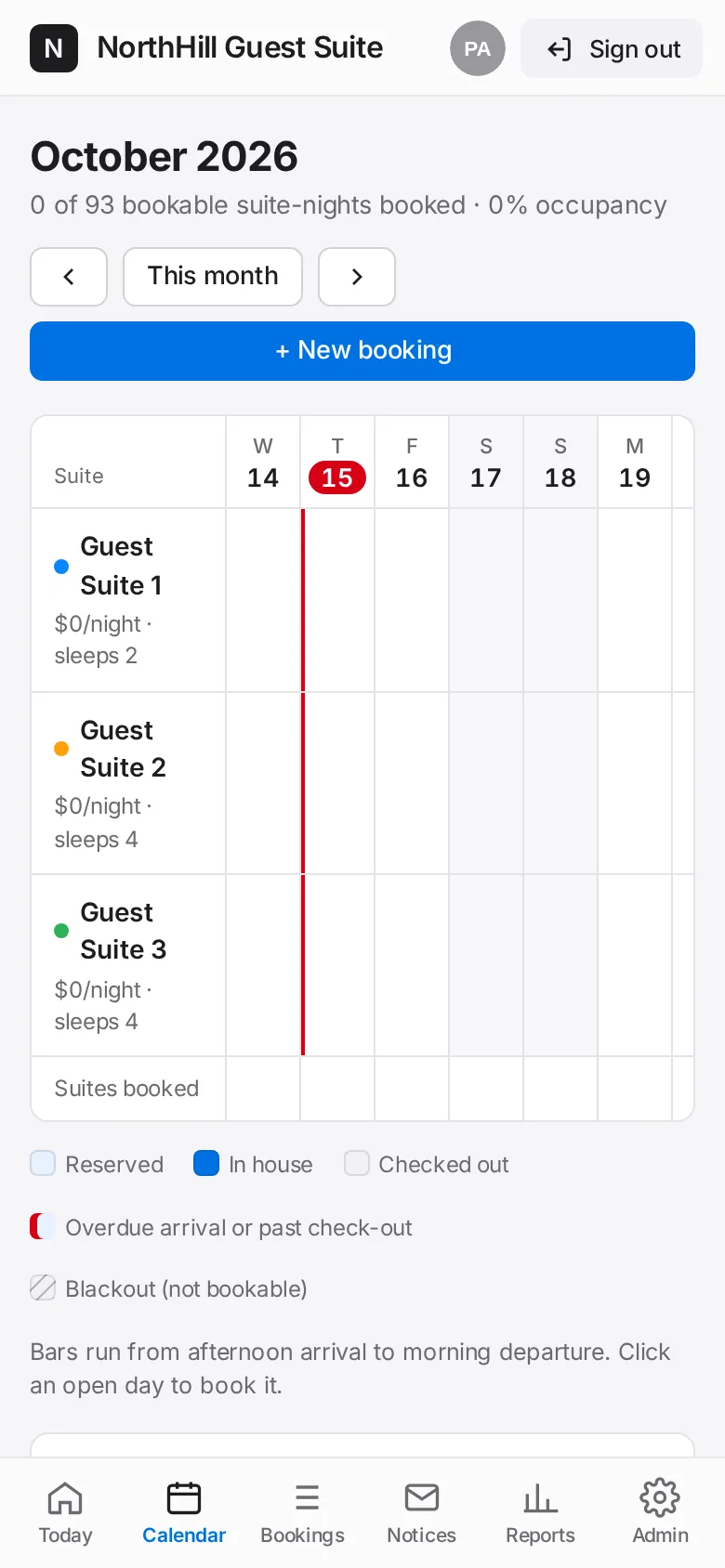 Guest Suite: Tap Calendar. Booked nights show the guest’s name, blocked nights are hatched, vacant nights are empty.