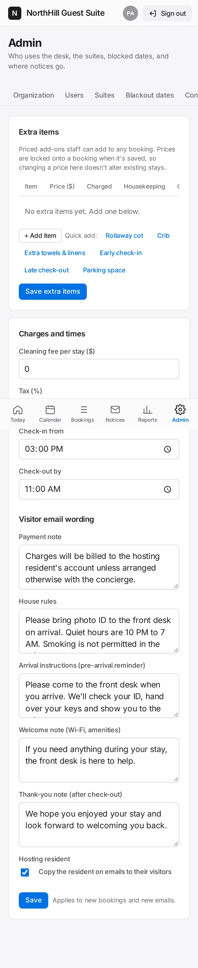 Guest Suite: Set the cleaning fee per stay, tax, check-in from and check-out by times.