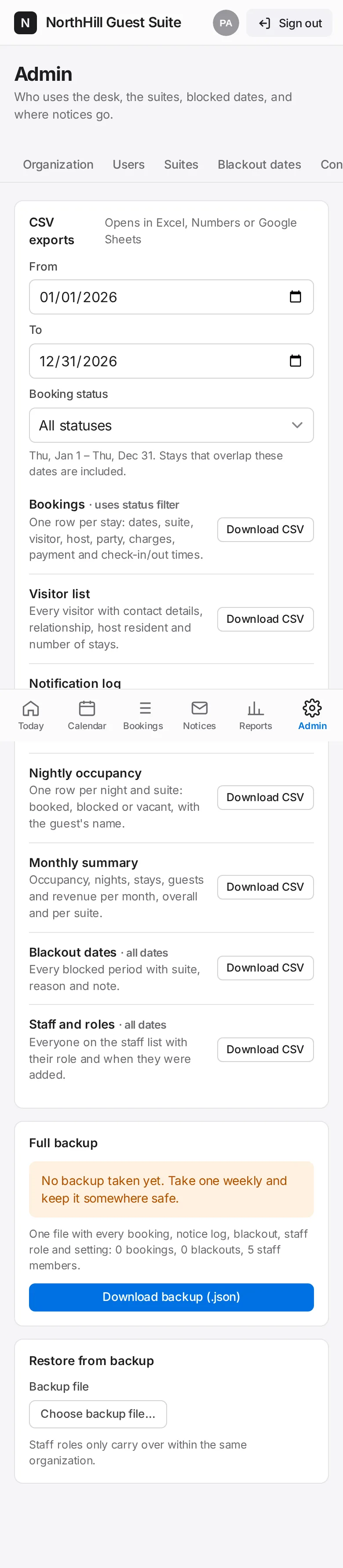 Guest Suite: Pick a date range and status, then Download CSV for bookings, the visitor list, the notification log or nightly occupancy.