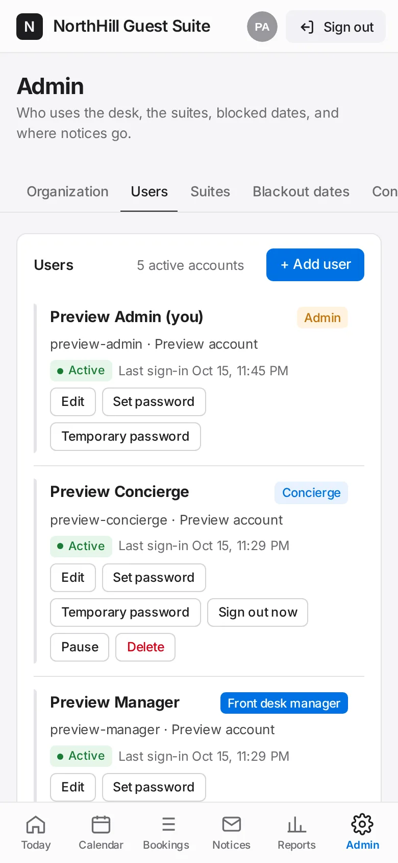Guest Suite: Tap Admin → Users and find the person.