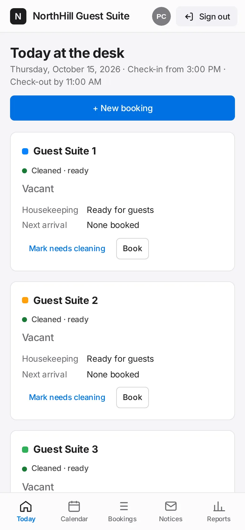 Guest Suite: Sign in. Today is your home screen: arrivals, departures, who is in house and the cleaning state of each suite.