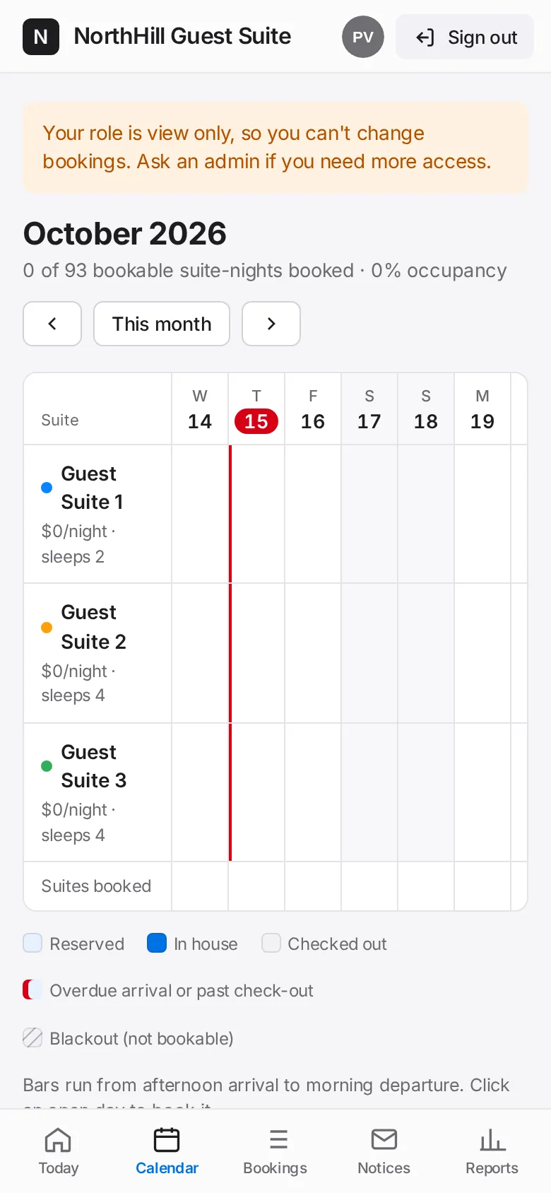 Guest Suite: Calendar shows every suite by month: booked, blocked and vacant nights.