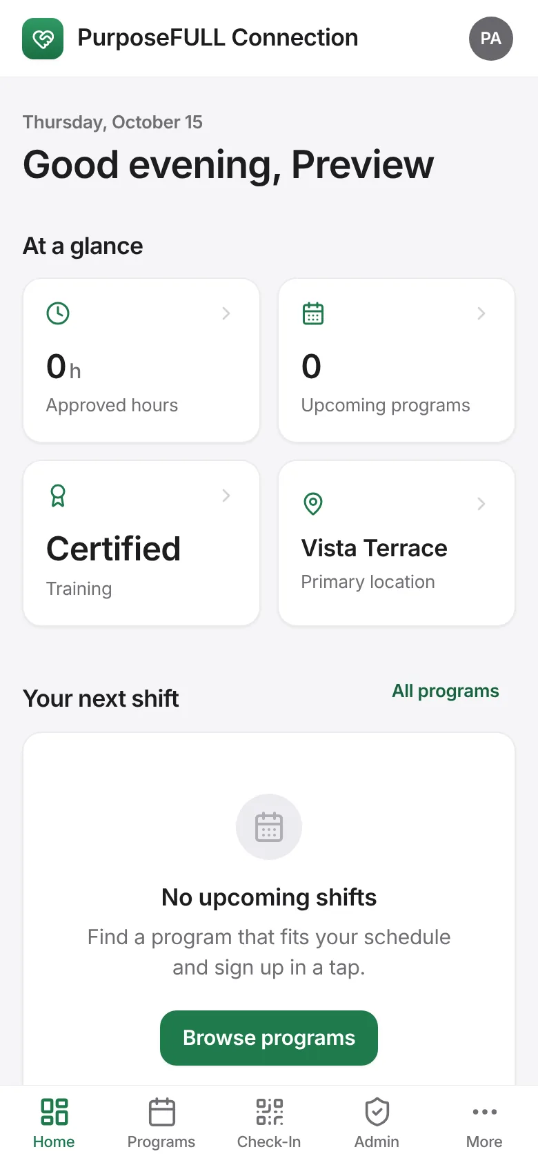 PurposeFULL Connection: Sign in. Admins get Home, Programs, Check-In and Admin in the tab bar.