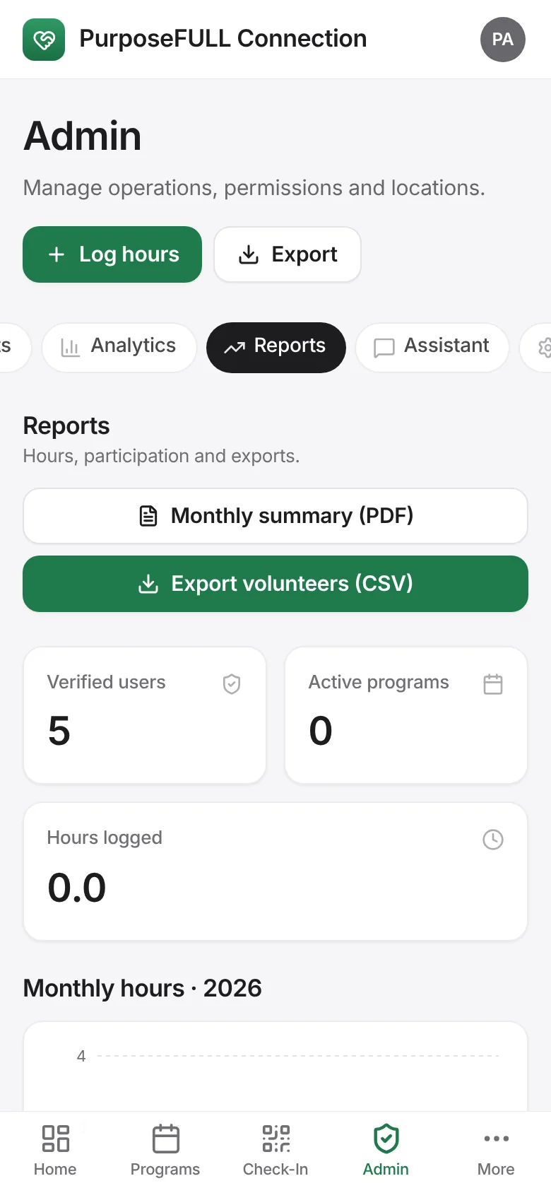 PurposeFULL Connection: Tap Admin → Reports for the volunteer leaderboard, Monthly summary (PDF) and Export volunteers (CSV).