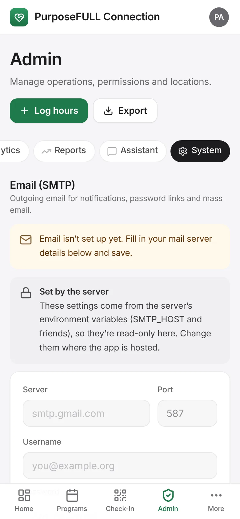 PurposeFULL Connection: Tap Admin → System.