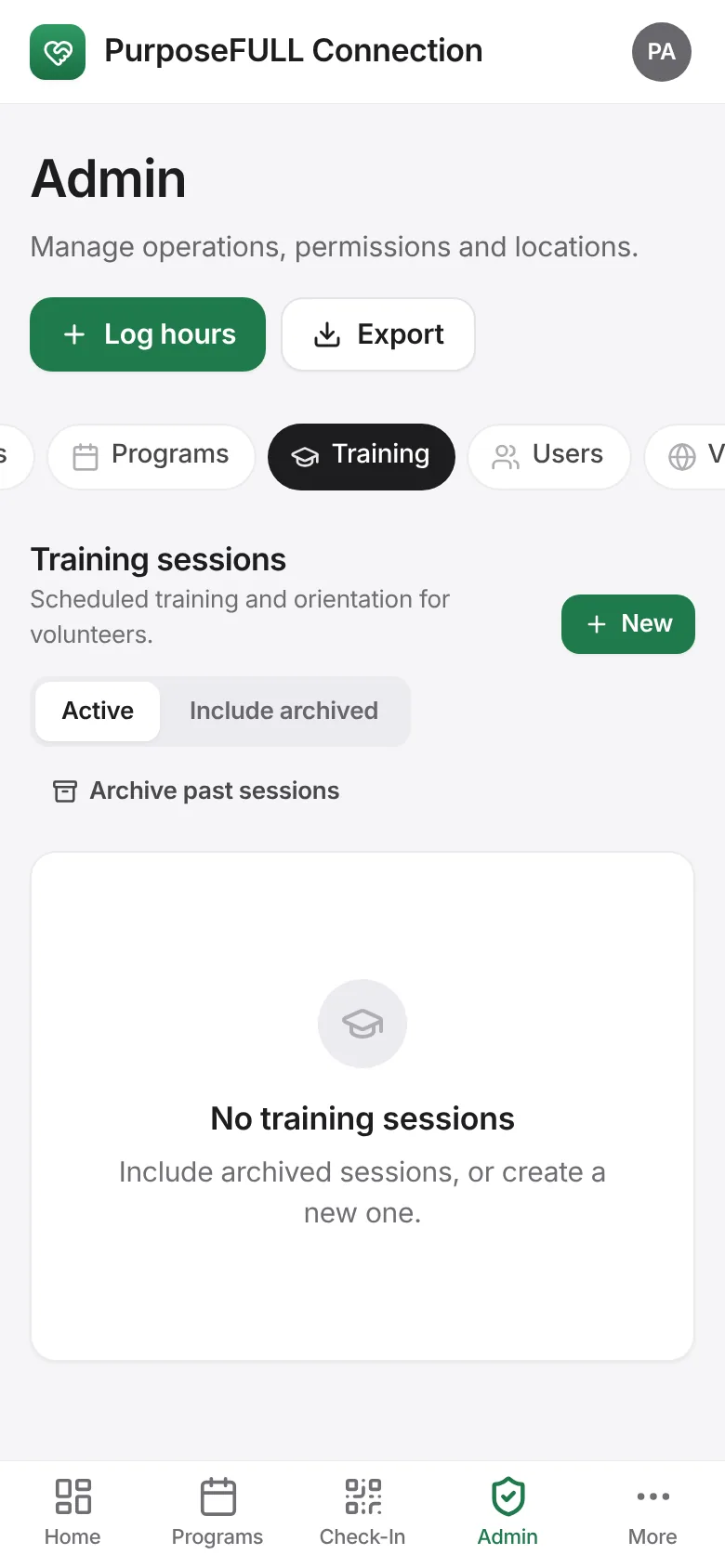 PurposeFULL Connection: Admin → Training: schedule the orientation sessions new volunteers must attend.