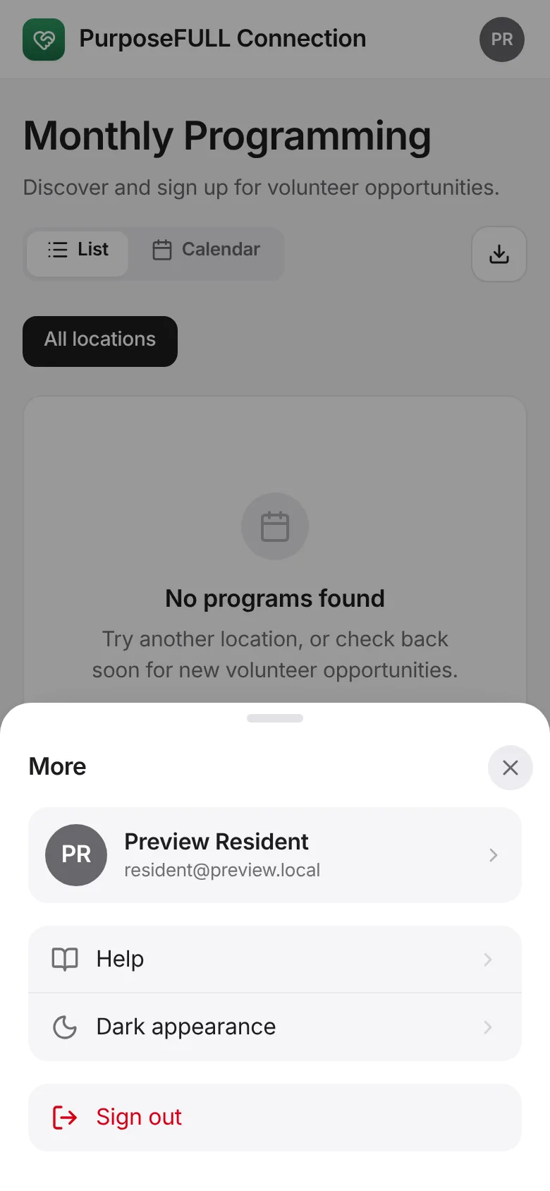 PurposeFULL Connection: Tap More to see your profile, switch on dark appearance or open the in-app help center.