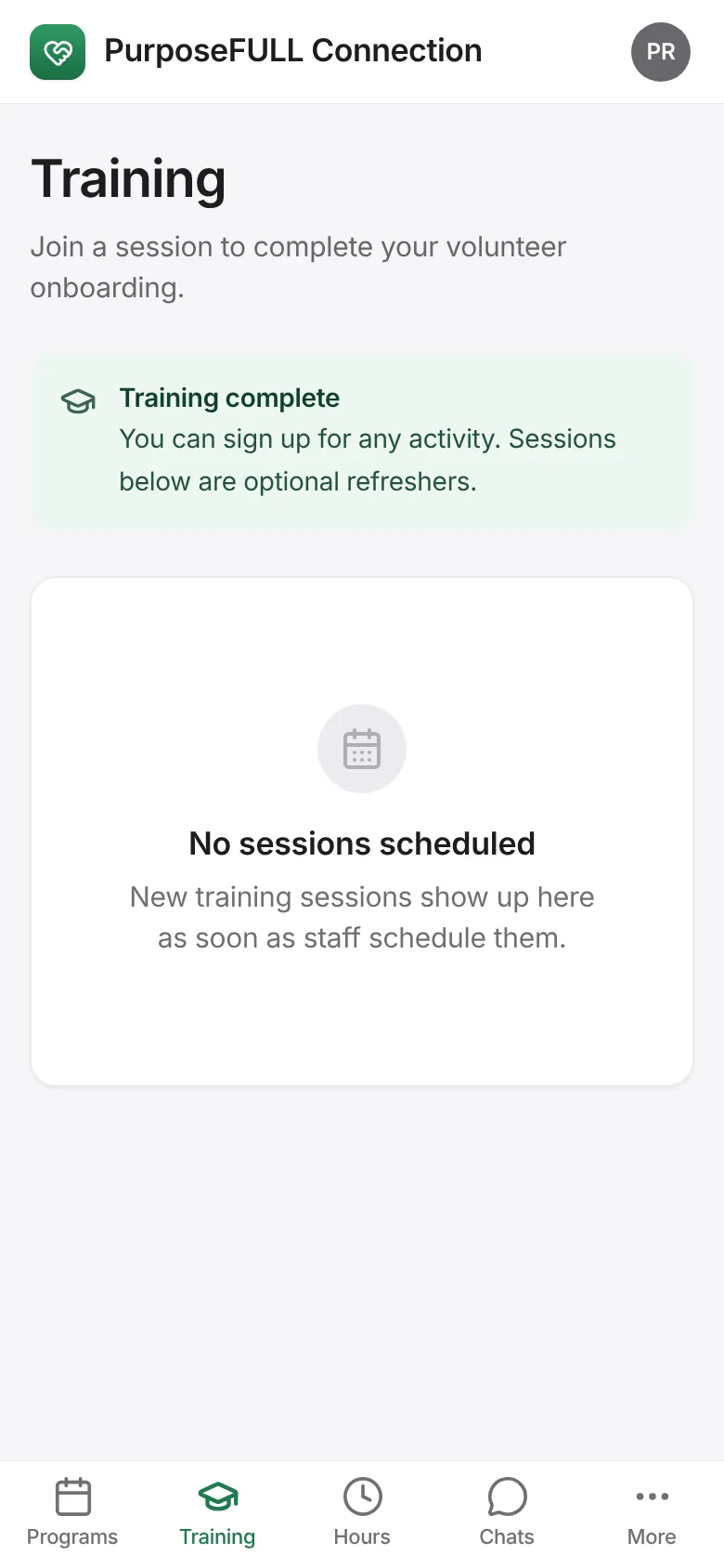 PurposeFULL Connection: Tap Training. The top of the page shows your onboarding status.